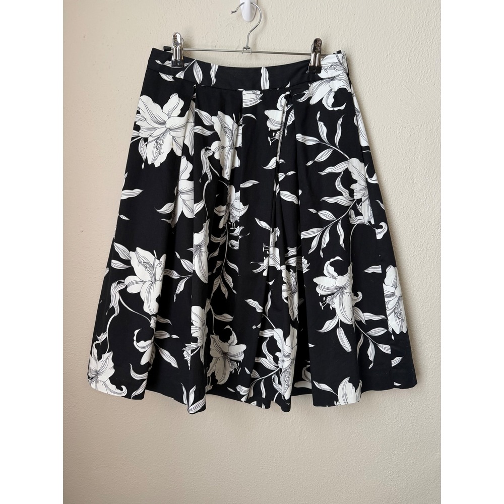 Amaryllis Black White Floral Pleated Midi Skirt Womens Size S Cotton Blend